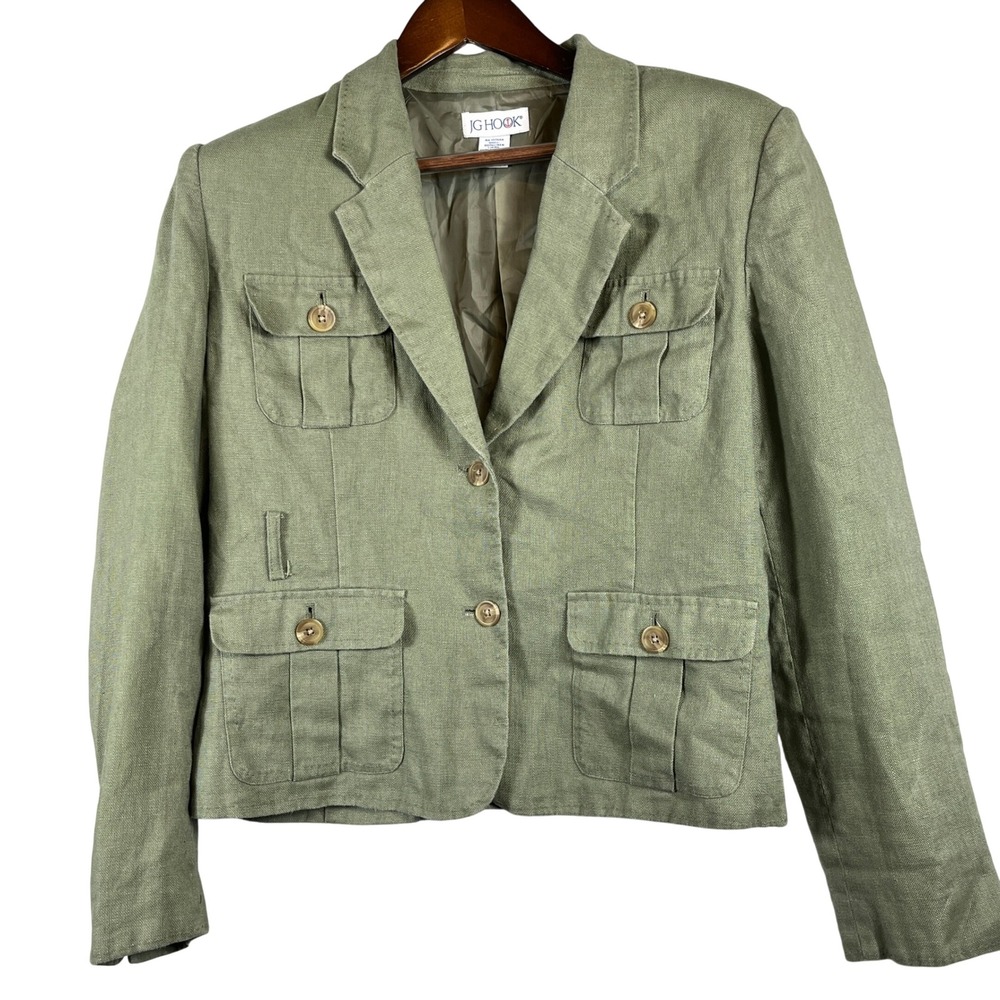 VTG JG Hook Linen Safari Jacket Womens 14 Sage Olive Utility Military Blazer